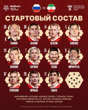 Стал известен стартовый состав сборной России на матч с Ираном